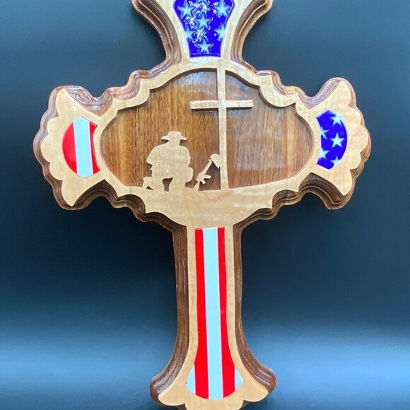 Handcrafted Craig Caudill Wooden USA Flag American Fallen Soldier Memorial Cross - Picture 8 of 9